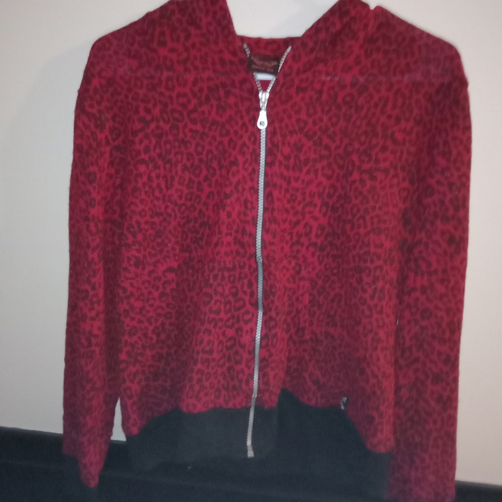 Rare!Retired Brand Death Kitty Animal Print Velour Cat Ear Hood Red&Black Coat